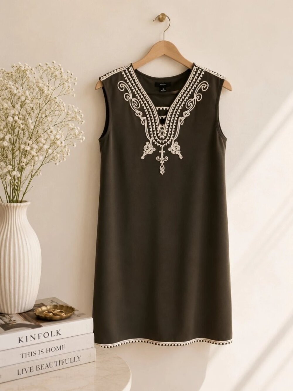 Alfani Brown Embroidered Midi Shift Dress Women’s Small